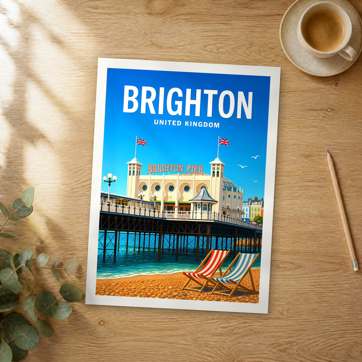 Unframed Brighton vibrant digital travel poster on a wooden table
