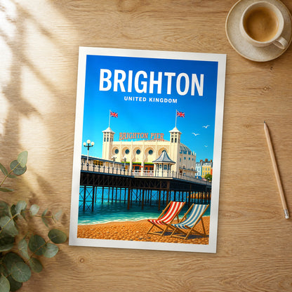 Unframed Brighton vibrant digital travel poster on a wooden table