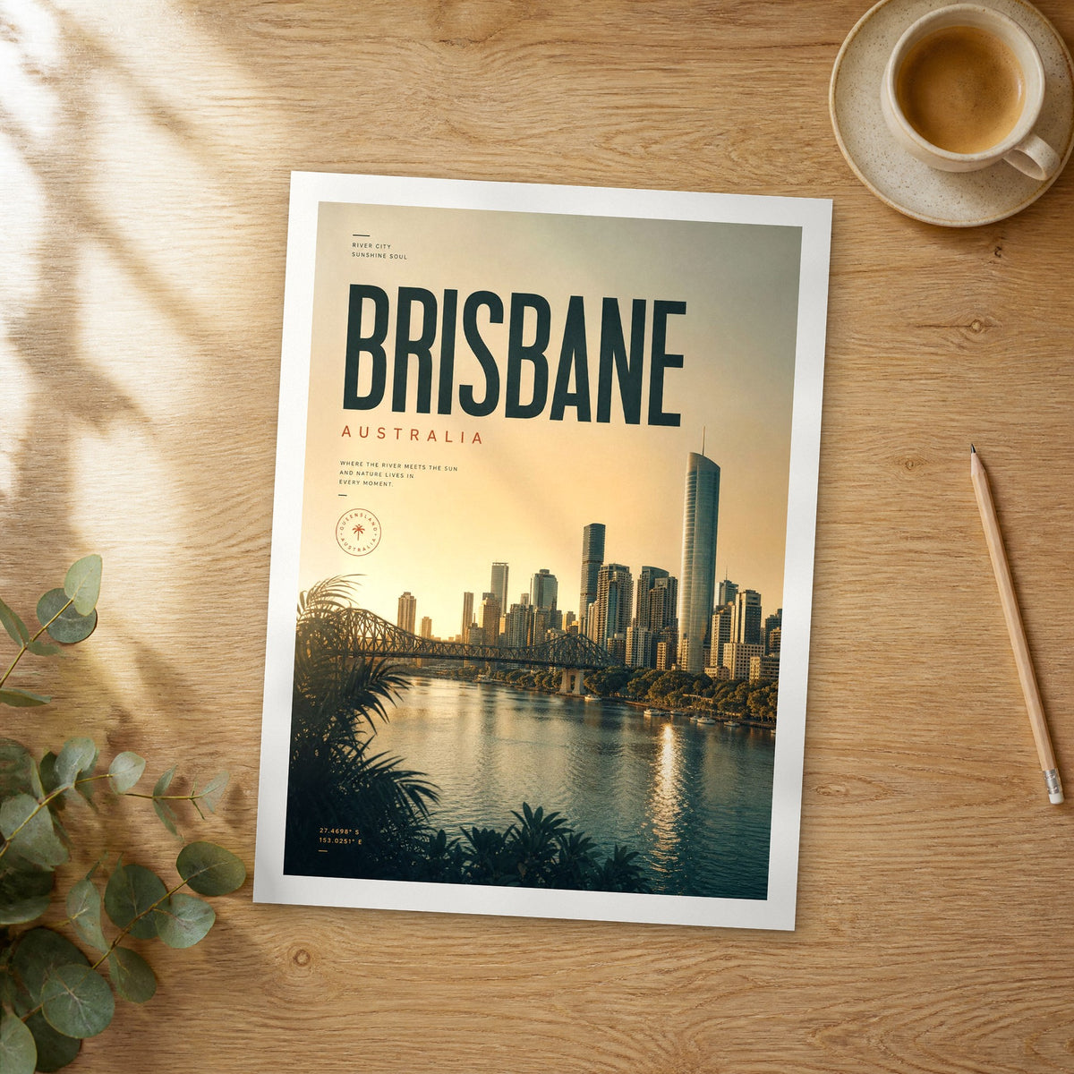 Unframed Brisbane bold typography travel poster on a wooden table