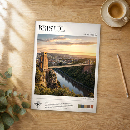 Unframed Bristol modern photography travel poster on a wooden table