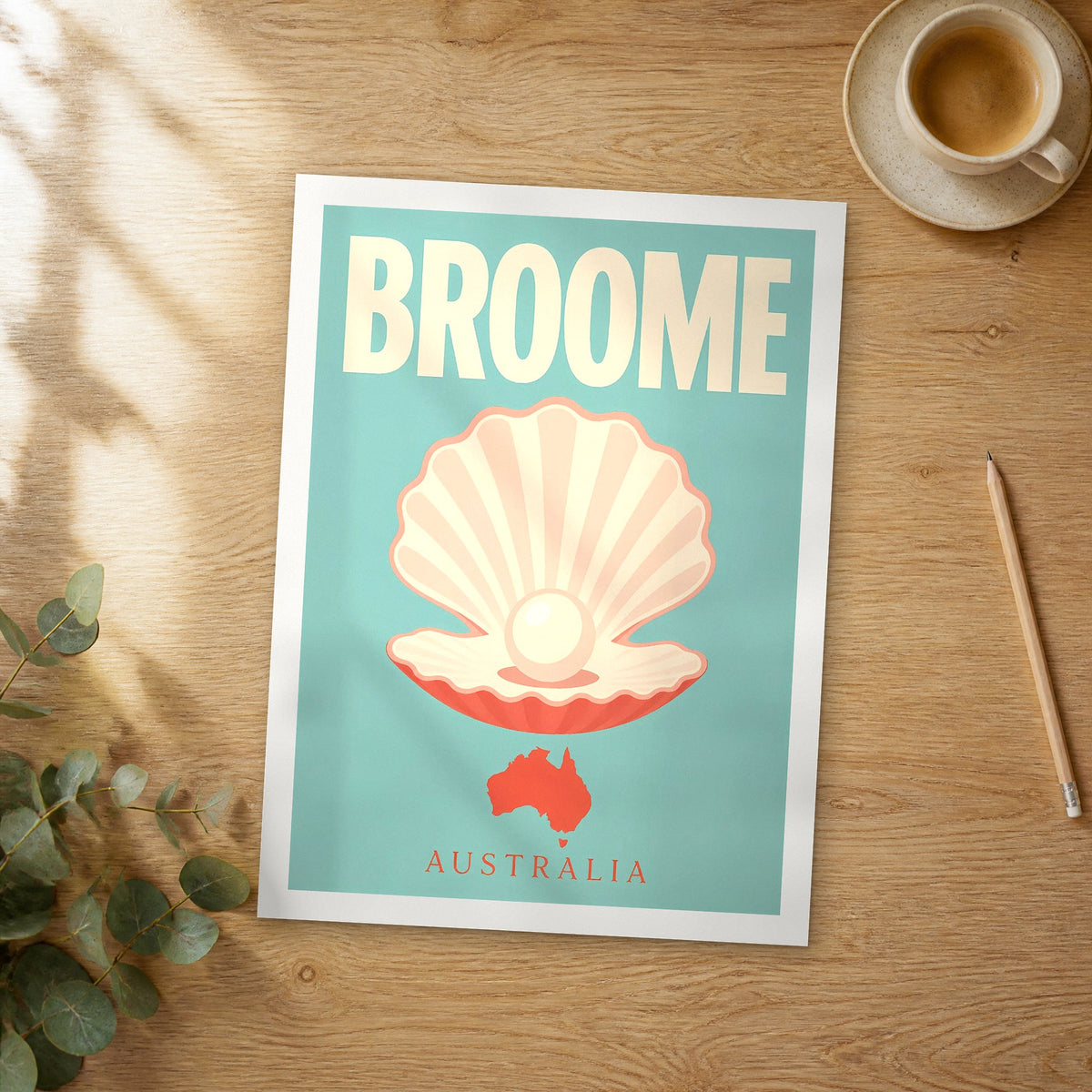 Unframed Broome pop art travel poster on a wooden table