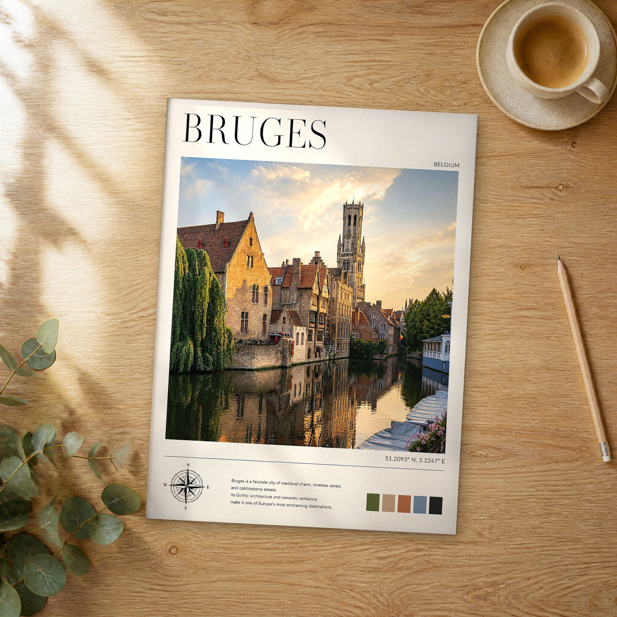 Unframed Bruges Belfry Canal Reflections modern photography travel poster on a wooden table