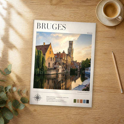 Unframed Bruges Belfry Canal Reflections modern photography travel poster on a wooden table