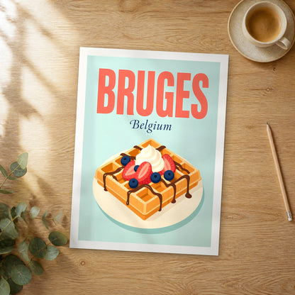 Unframed Bruges Belgian Waffle pop art travel poster on a wooden table