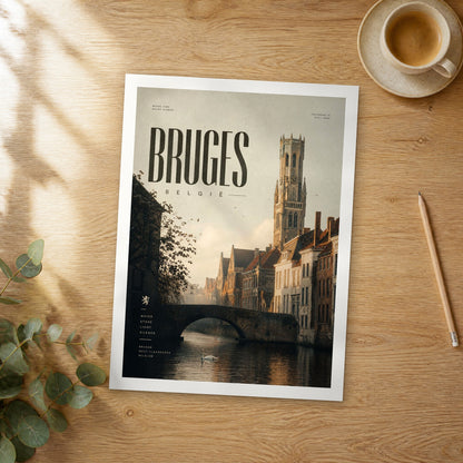 Unframed Bruges bold typography travel poster on a wooden table