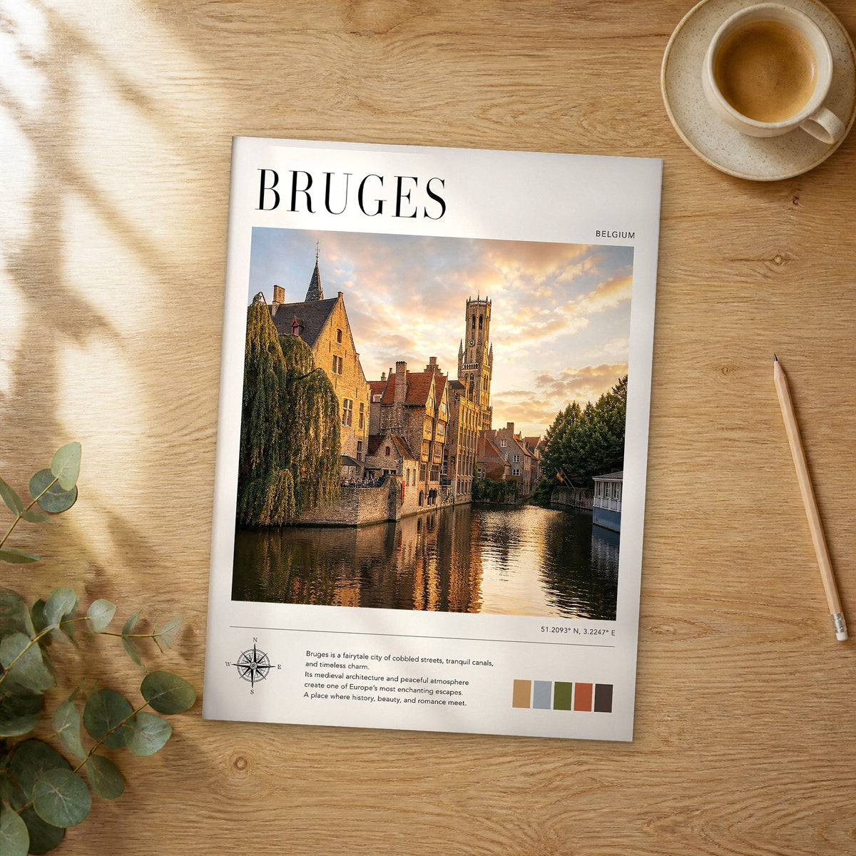 Unframed Bruges Rozenhoedkaai at Sunset modern photography travel poster on a wooden table