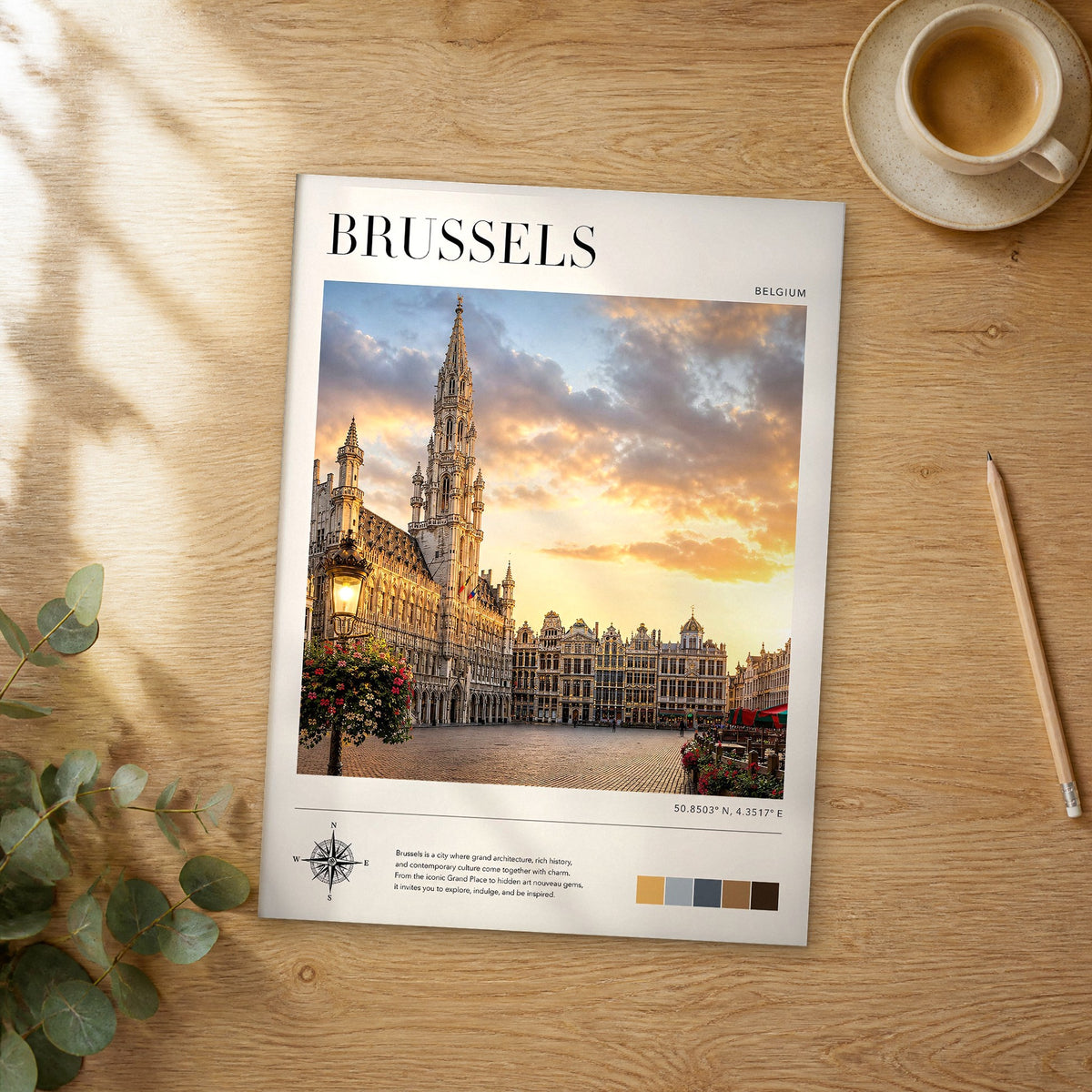 Unframed Brussels modern photography travel poster on a wooden table