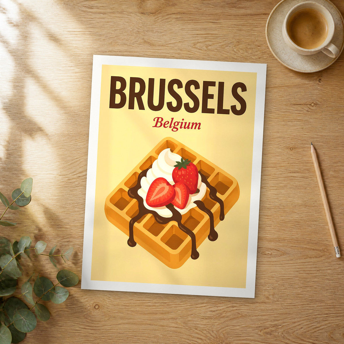 Unframed Brussels pop art travel poster on a wooden table