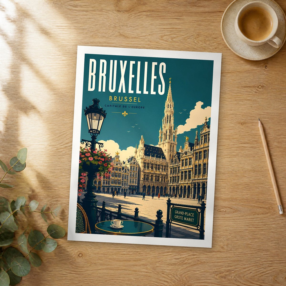Unframed Bruxelles Grand-Place Lamppost retro travel poster on a wooden table