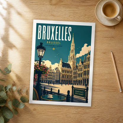 Unframed Bruxelles Grand-Place Lamppost retro travel poster on a wooden table
