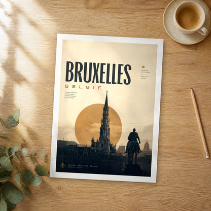 Unframed Bruxelles Town Hall Spire at Sunset bold typography travel poster on a wooden table