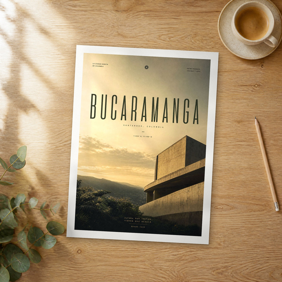 Unframed Bucaramanga bold typography travel poster on a wooden table