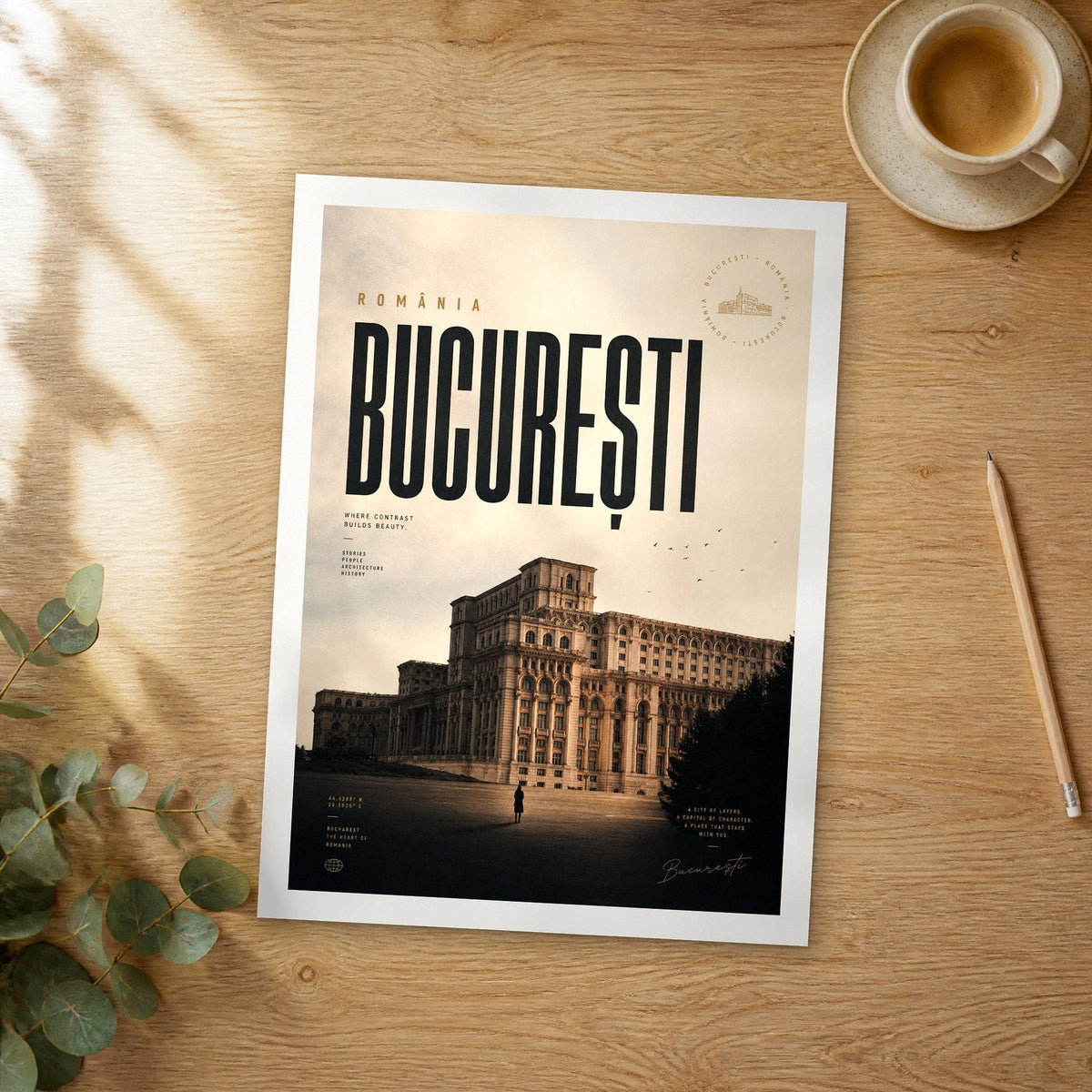 Unframed Bucharest bold typography travel poster on a wooden table