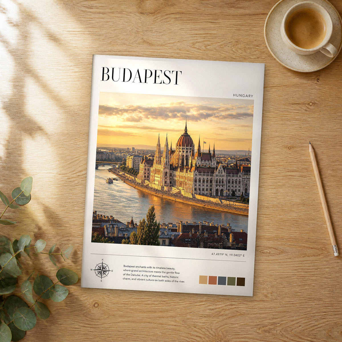 Unframed Budapest modern photography travel poster on a wooden table