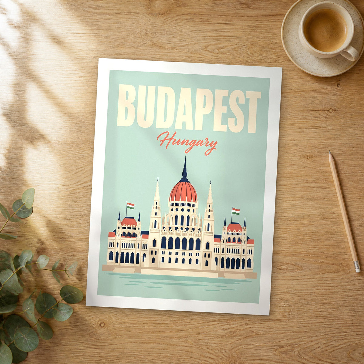 Unframed Budapest pastel pop art travel poster on a wooden table
