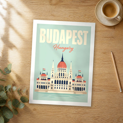 Unframed Budapest pastel pop art travel poster on a wooden table