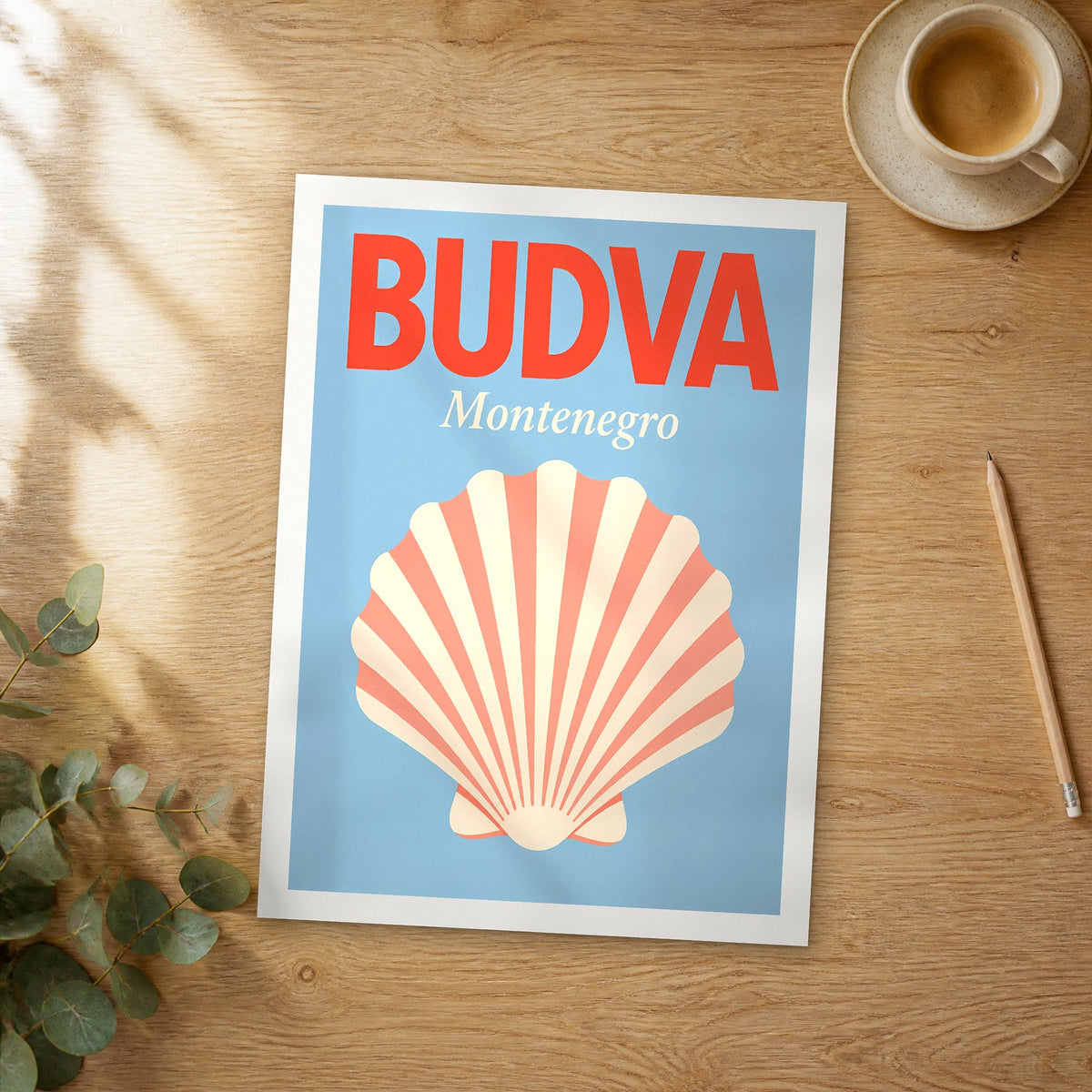 Unframed Budva pop art travel poster on a wooden table