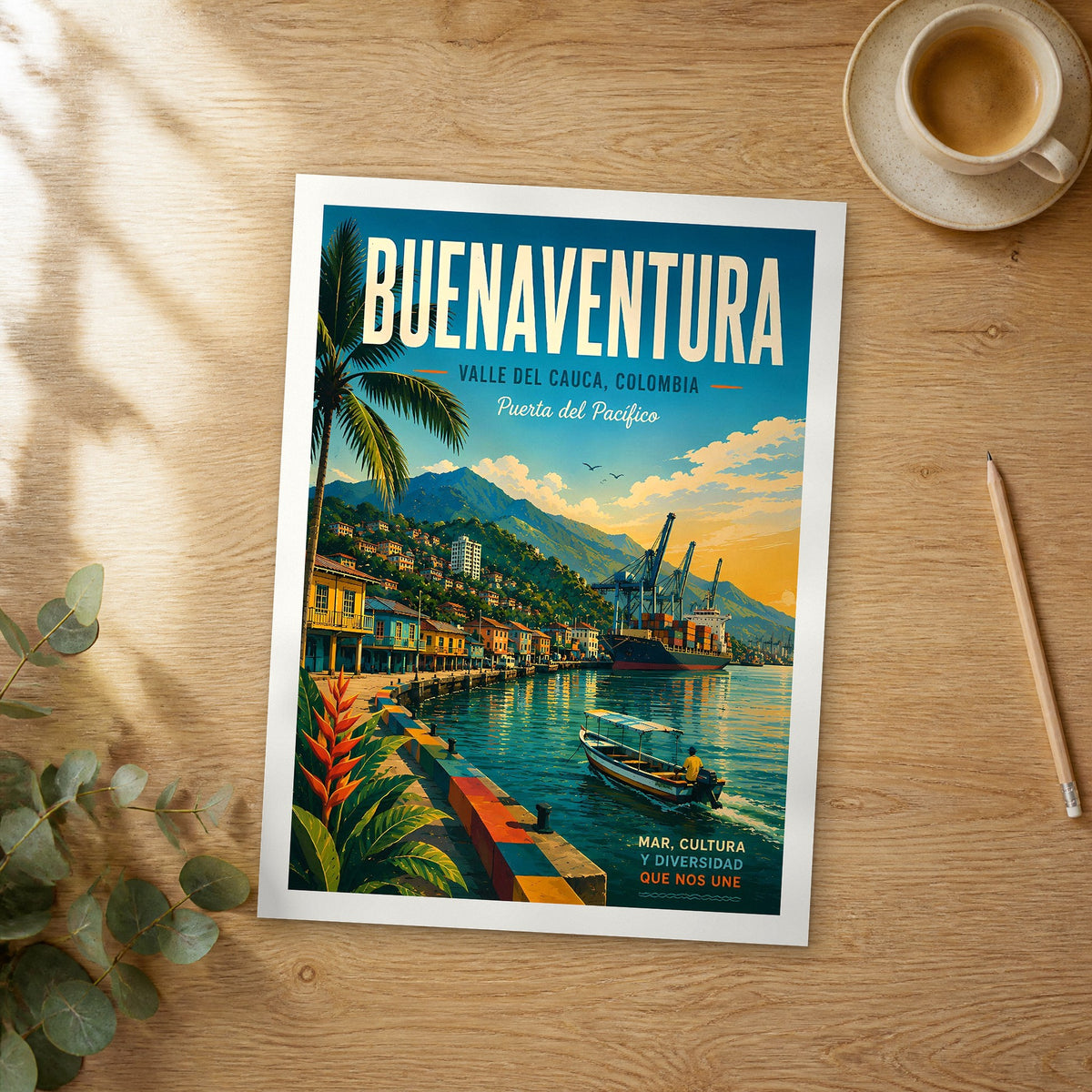 Unframed Buenaventura retro travel poster on a wooden table