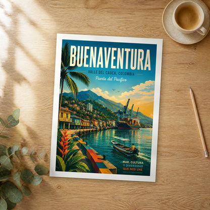 Unframed Buenaventura retro travel poster on a wooden table