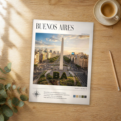 Unframed Buenos Aires modern photography travel poster on a wooden table