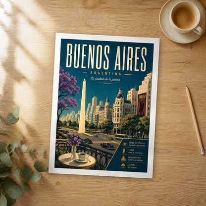 Unframed Buenos Aires Obelisk and Tango Avenue retro travel poster on a wooden table
