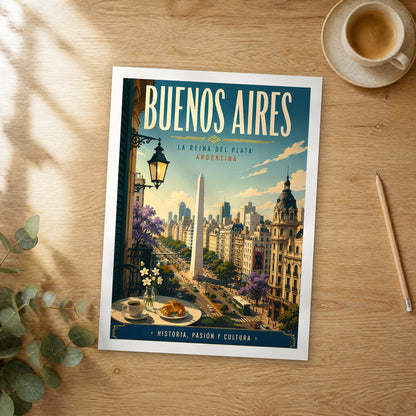 Unframed Buenos Aires Obelisk Balcony View retro travel poster on a wooden table