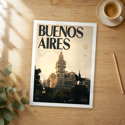 Unframed Buenos Aires Palacio Salvo bold typography travel poster on a wooden table