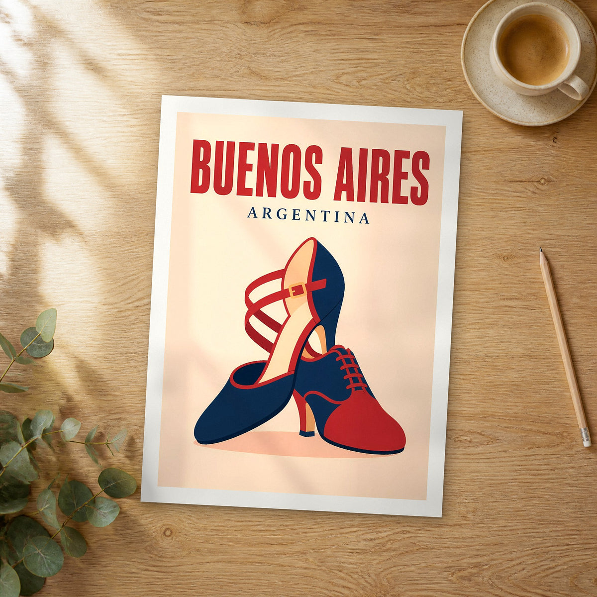 Unframed Buenos Aires pop art travel poster on a wooden table