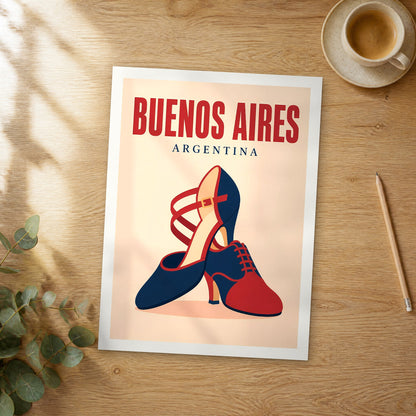 Unframed Buenos Aires pop art travel poster on a wooden table