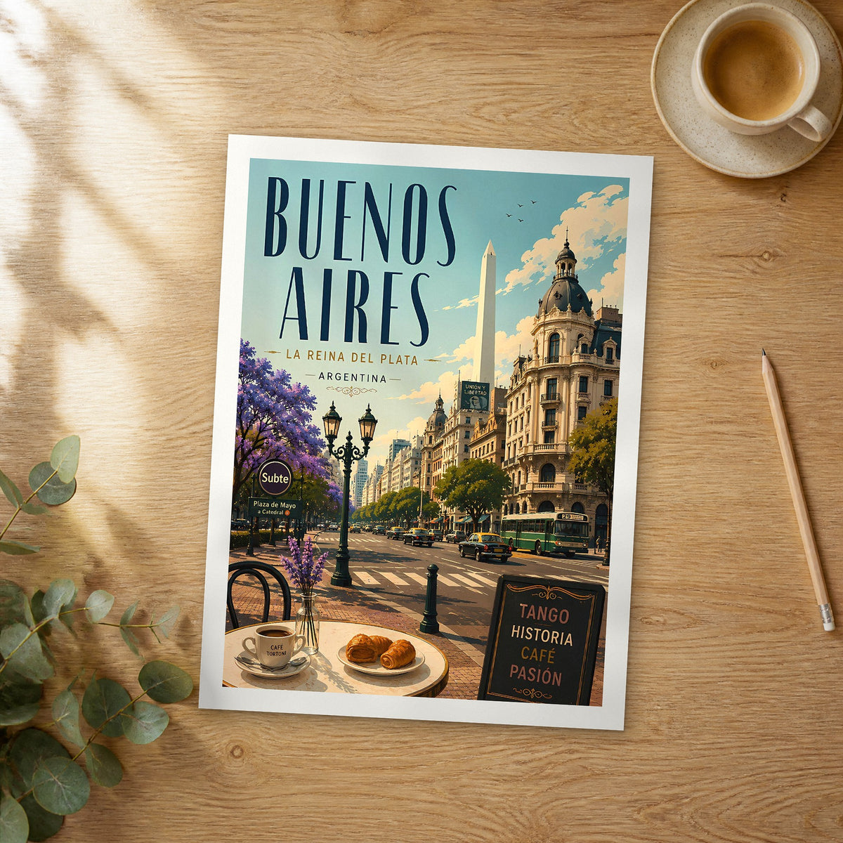 Unframed Buenos Aires Street Café Scene retro travel poster on a wooden table