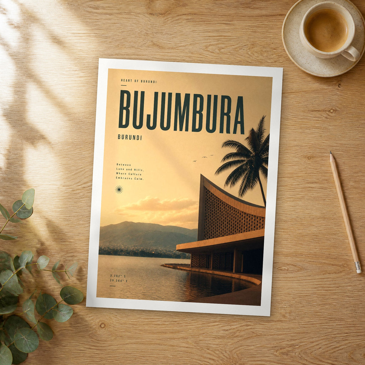 Unframed Bujumbura bold typography travel poster on a wooden table