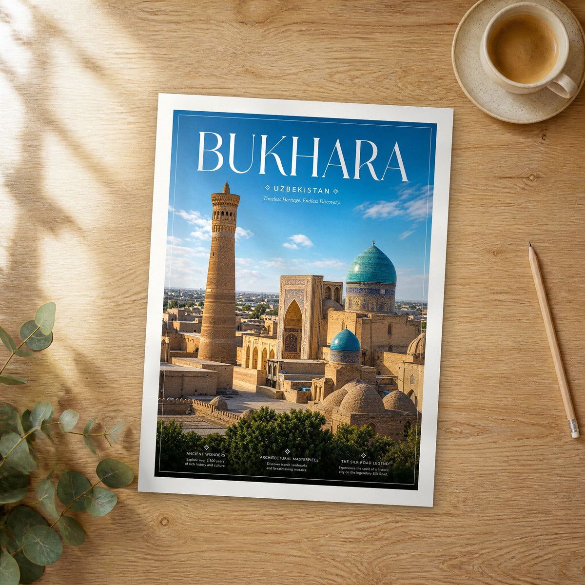 Unframed Bukhara editorial travel poster on a wooden table