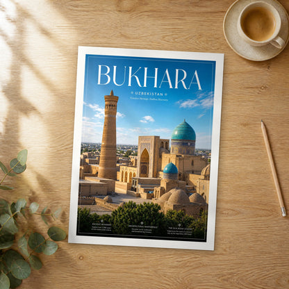 Unframed Bukhara editorial travel poster on a wooden table