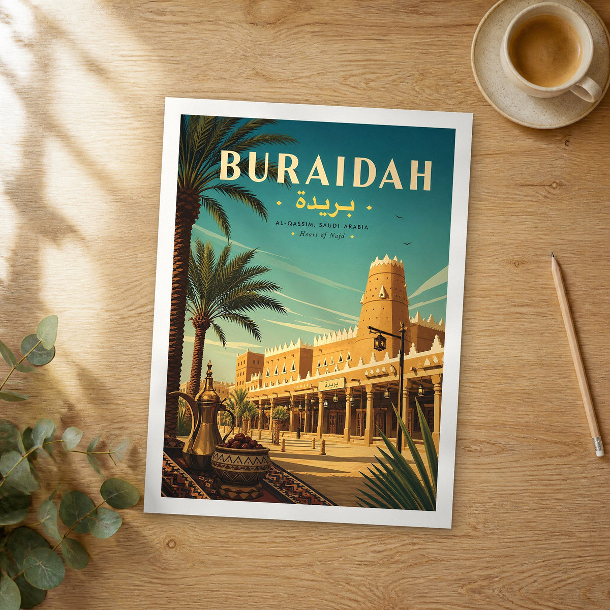Unframed Buraidah retro travel poster on a wooden table