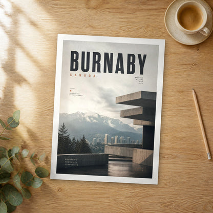 Unframed Burnaby bold typography travel poster on a wooden table