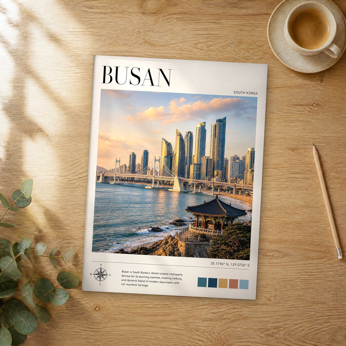 Unframed Busan modern photography travel poster on a wooden table