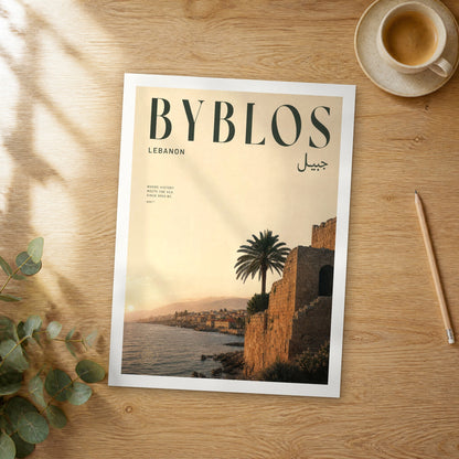Unframed Byblos bold typography travel poster on a wooden table