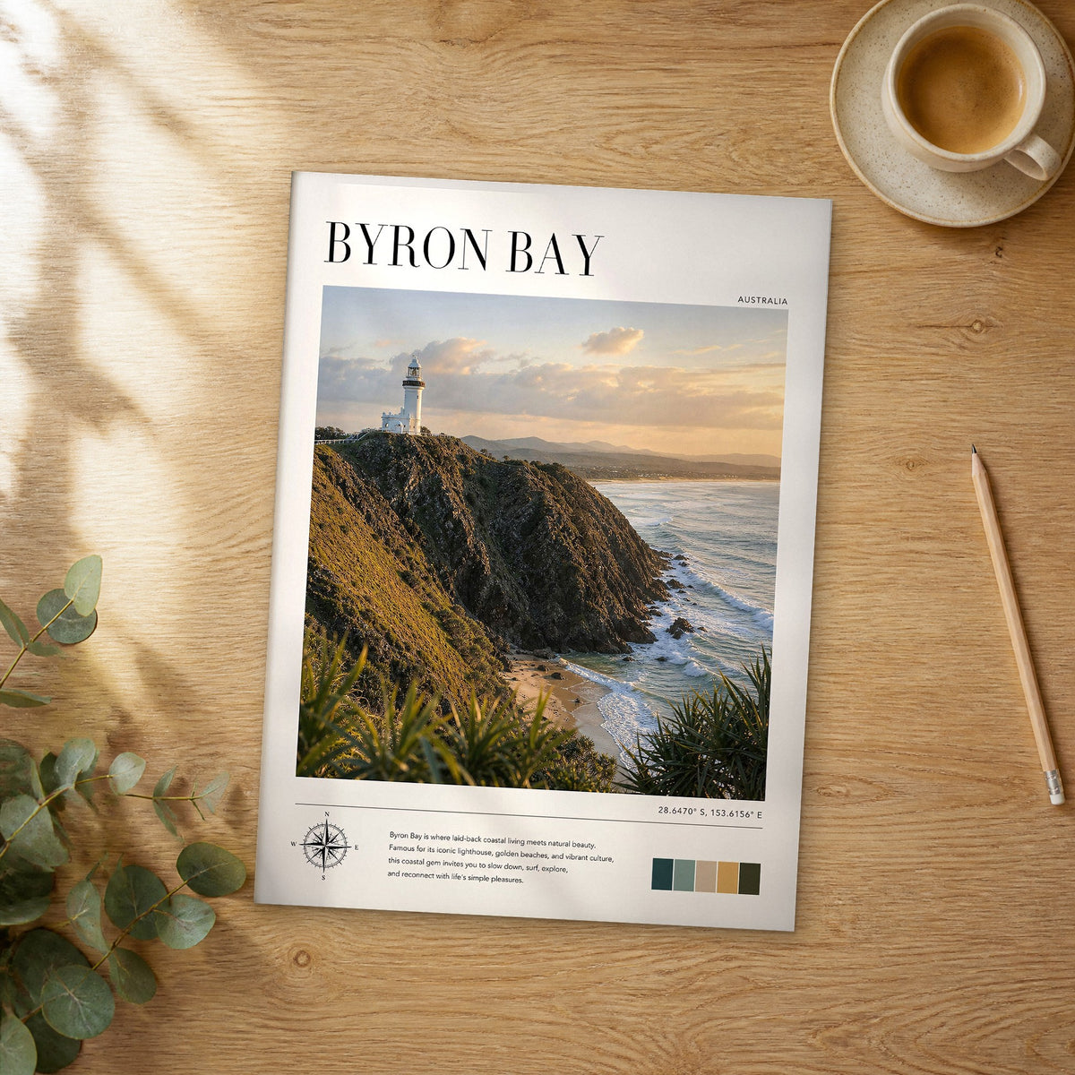 Unframed Byron Bay modern photography travel poster on a wooden table