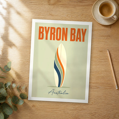 Unframed Byron Bay pop art travel poster on a wooden table