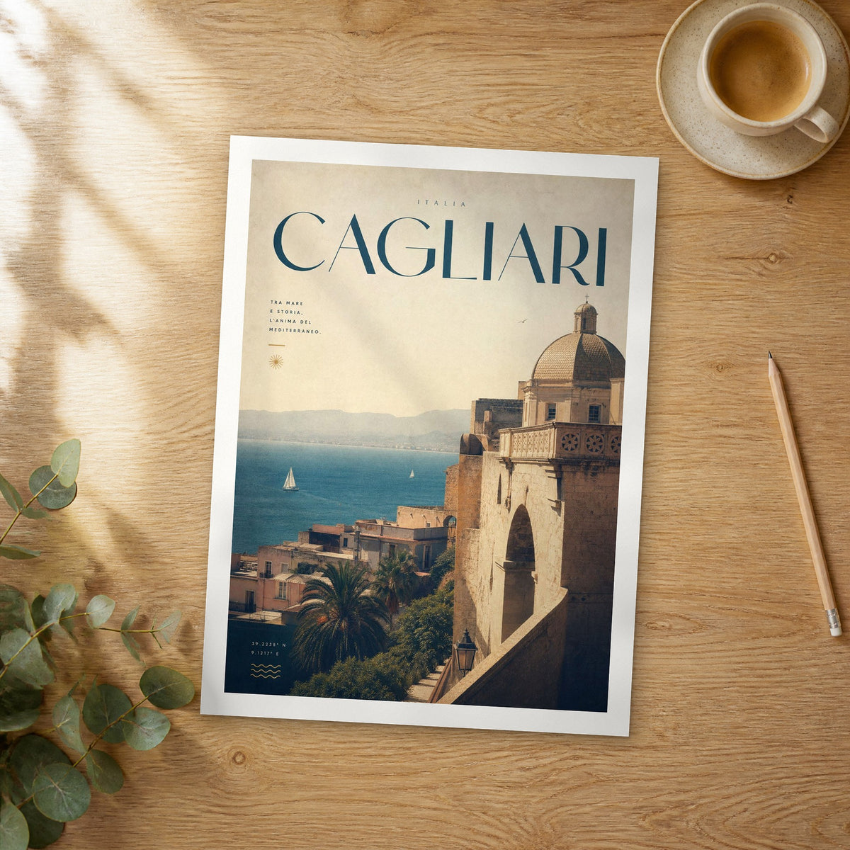 Unframed Cagliari bold typography travel poster on a wooden table