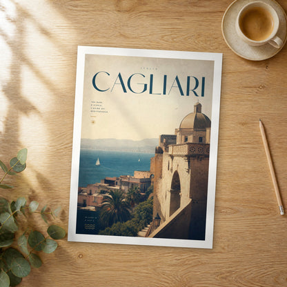 Unframed Cagliari bold typography travel poster on a wooden table