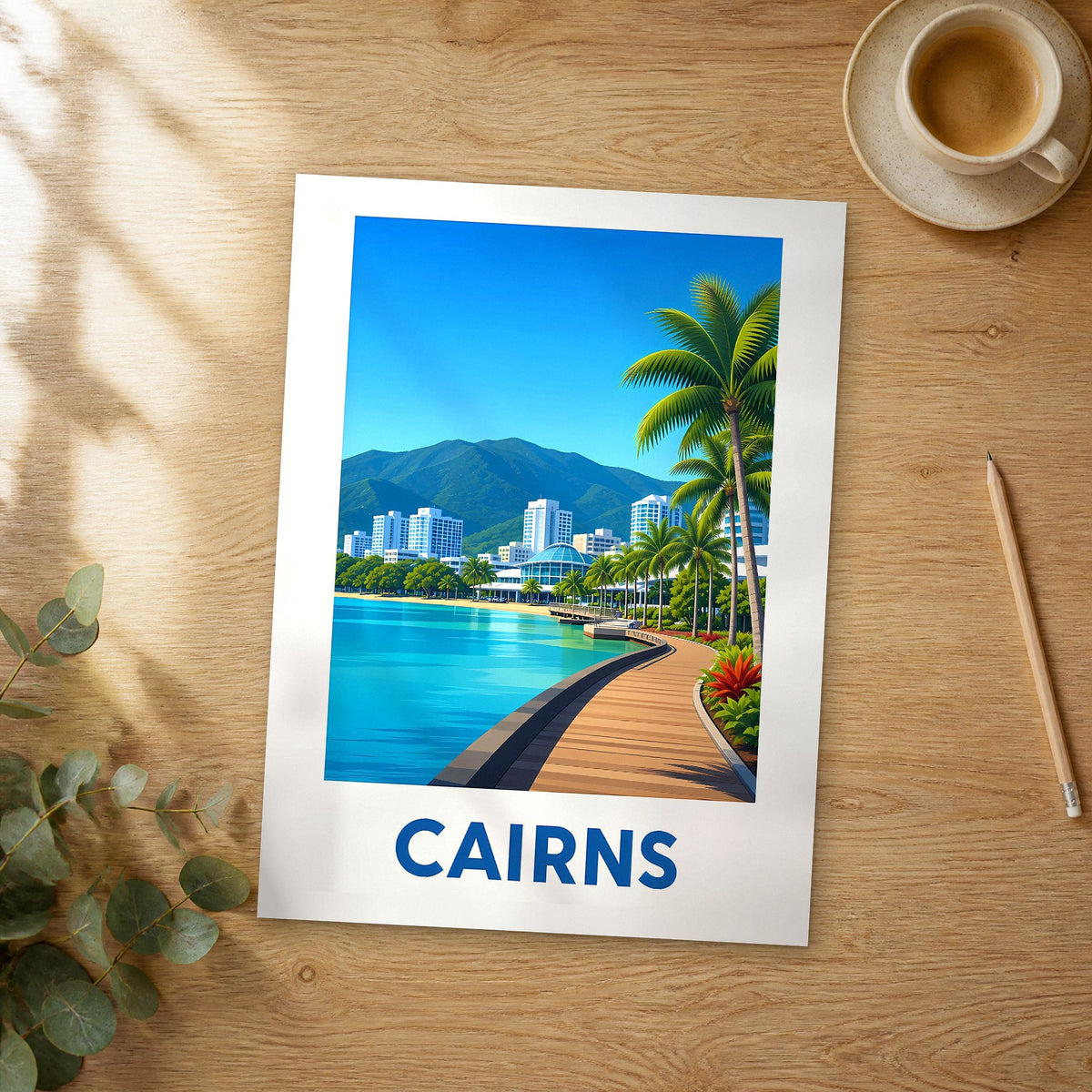 Unframed Cairns modern digital travel poster on a wooden table
