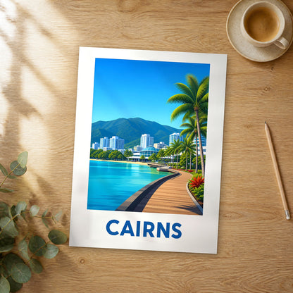 Unframed Cairns modern digital travel poster on a wooden table