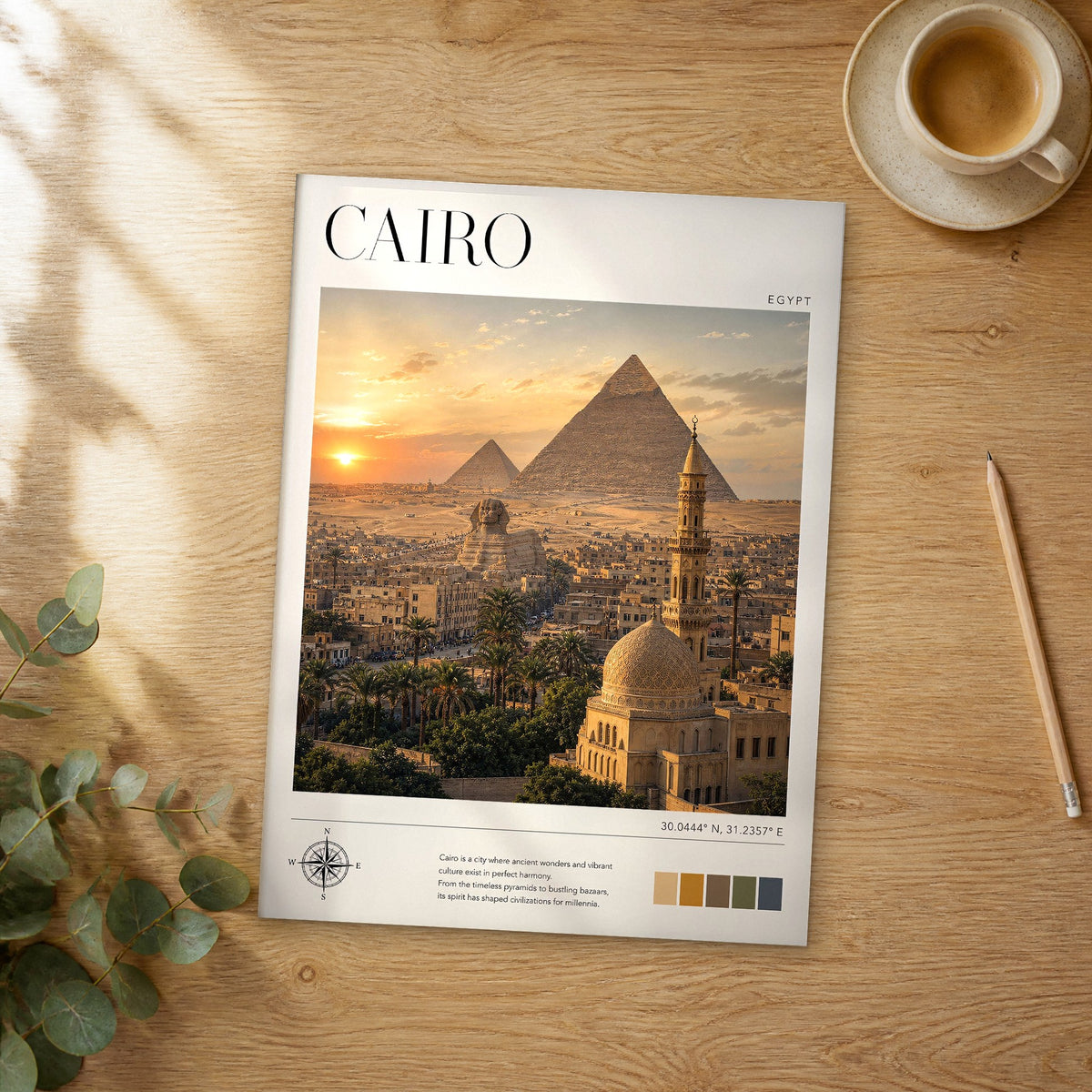 Unframed Cairo modern photography travel poster on a wooden table