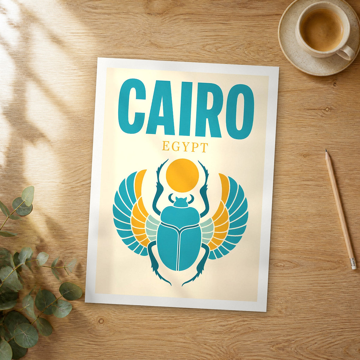 Unframed Cairo pop art travel poster on a wooden table