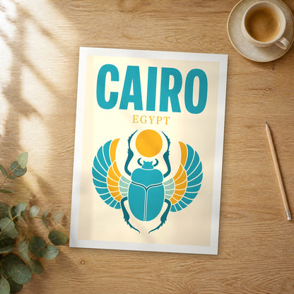 Unframed Cairo pop art travel poster on a wooden table