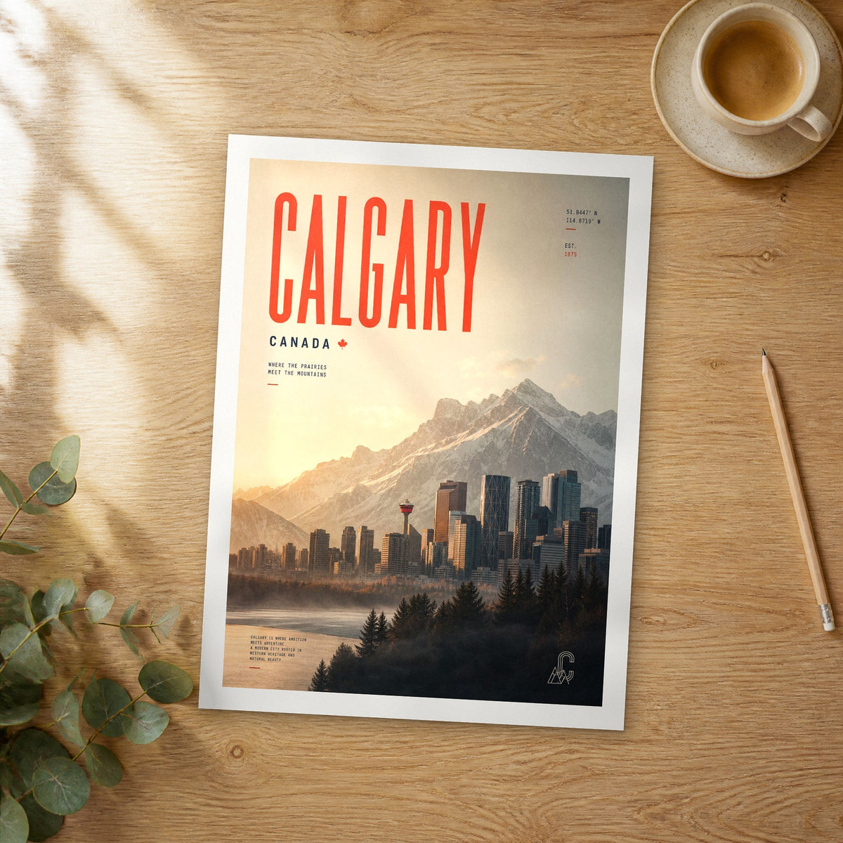 Unframed Calgary bold typography travel poster on a wooden table