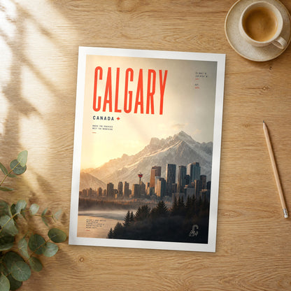 Unframed Calgary bold typography travel poster on a wooden table