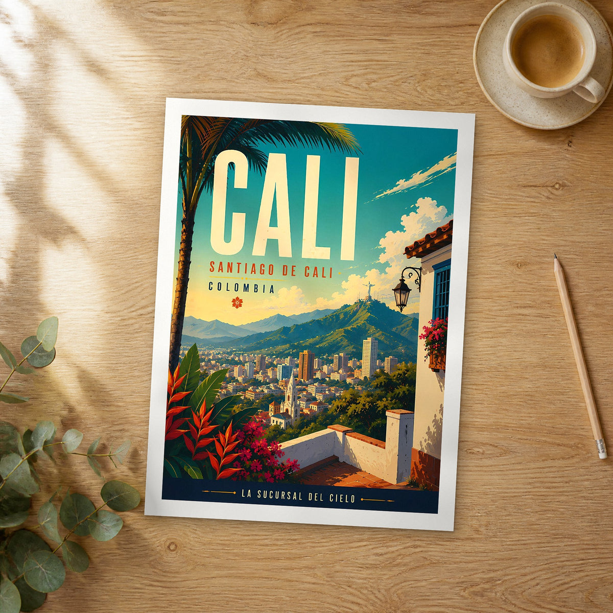 Unframed Cali City View from Terrace retro travel poster on a wooden table