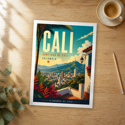 Unframed Cali City View from Terrace retro travel poster on a wooden table